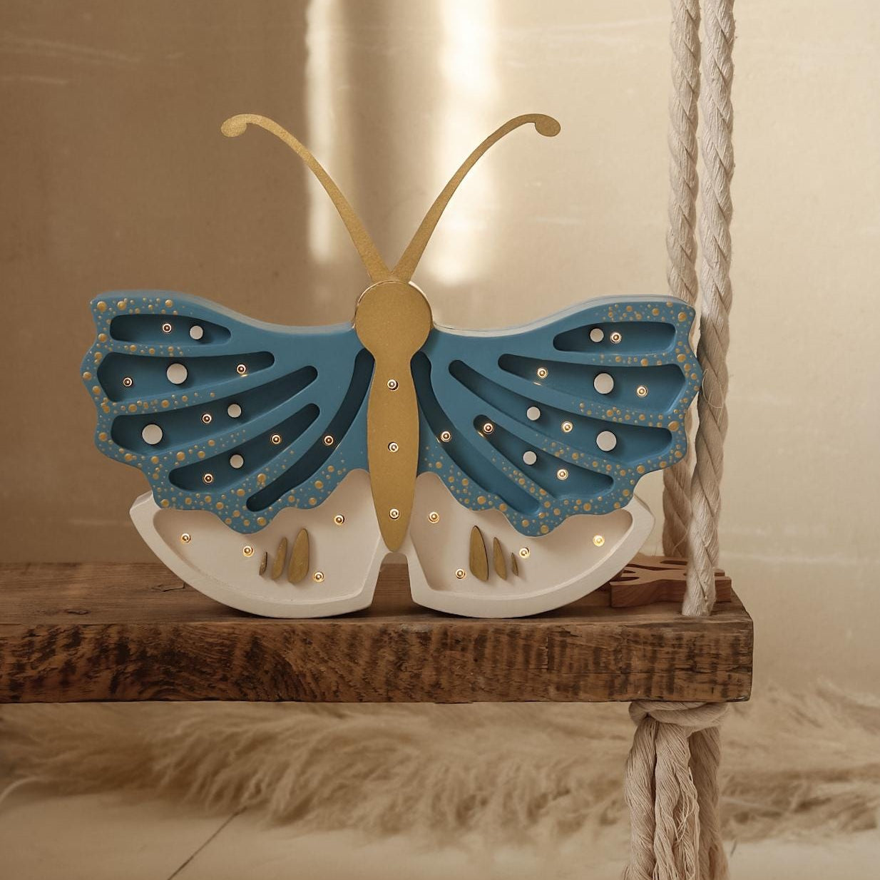 Wooden Butterfly Night Light for Girls Room Handcrafted Nursery Decor Boho Style Golden Butterfly Glamour Gold Kids Princess Whimsical Magic