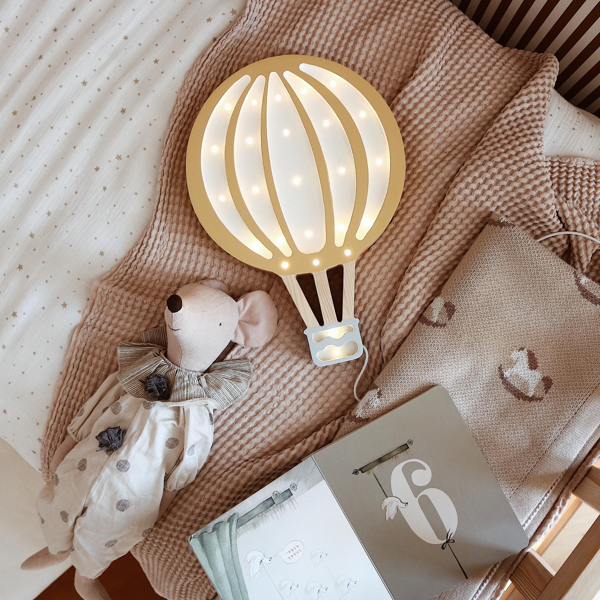 Wooden Hot Air Balloon Lamp Night Light Nursery Wall Decor Montessori Room Gift Adventurous Boy Little Traveler Retro Yellow Mustard Boys