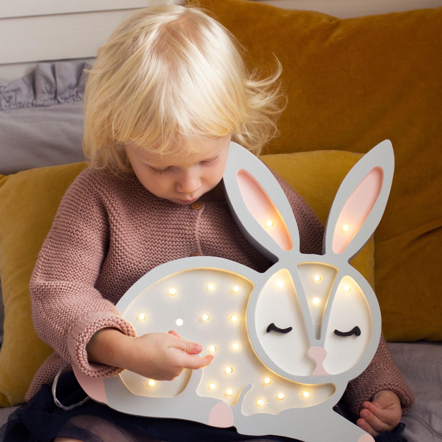 Wooden Bunny Night Light Forest Theme Kids Room Woodland Decor Lamp for Baby Nursery Boho Grey Rabbit Girls Forest Pastel Decoration Gray
