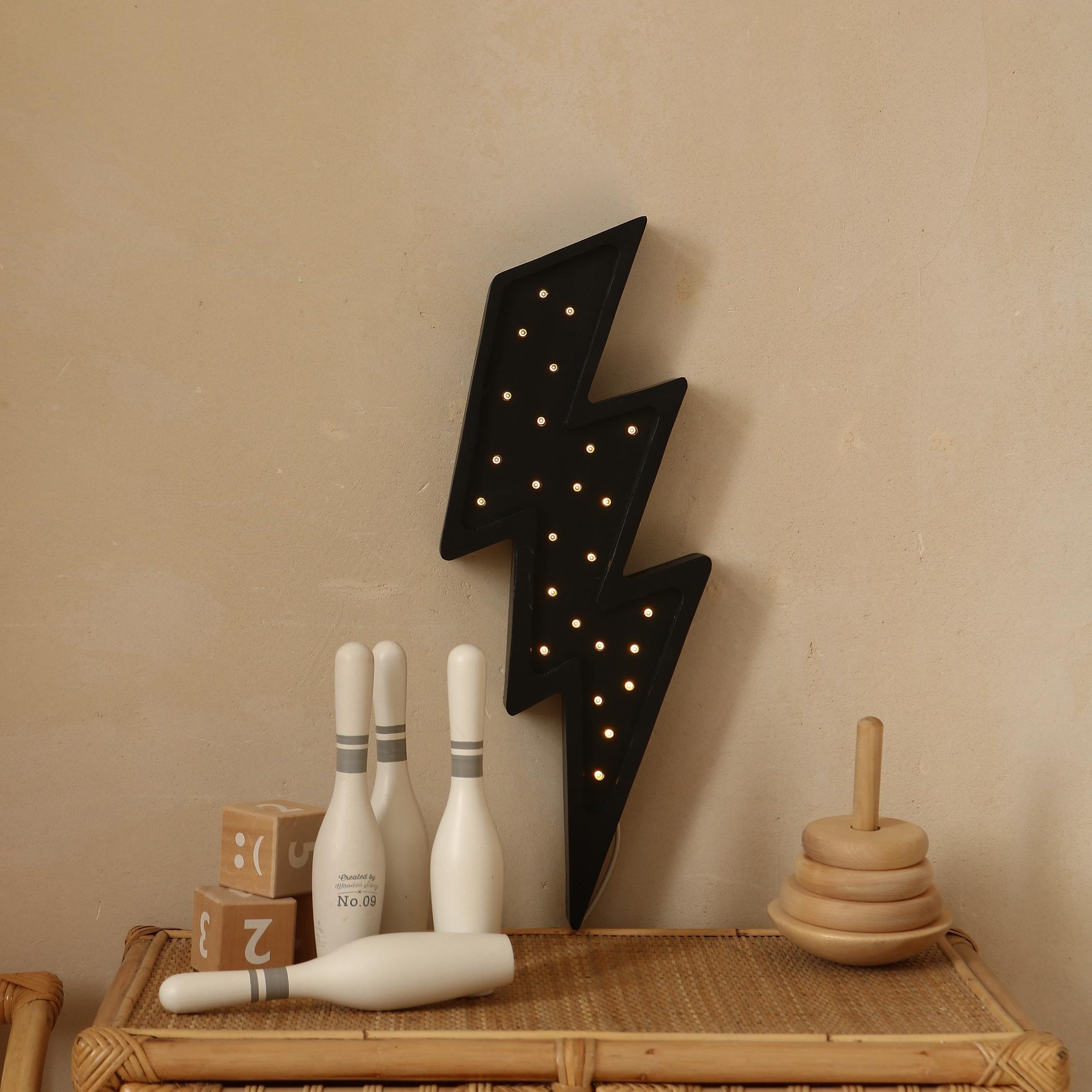 Wooden Lightning Bolt Night Light Teenage Room Decor Lamp for Toddler Black Thunderbolt Theme Gift for Boys Superhero Pop Art Rock & Roll