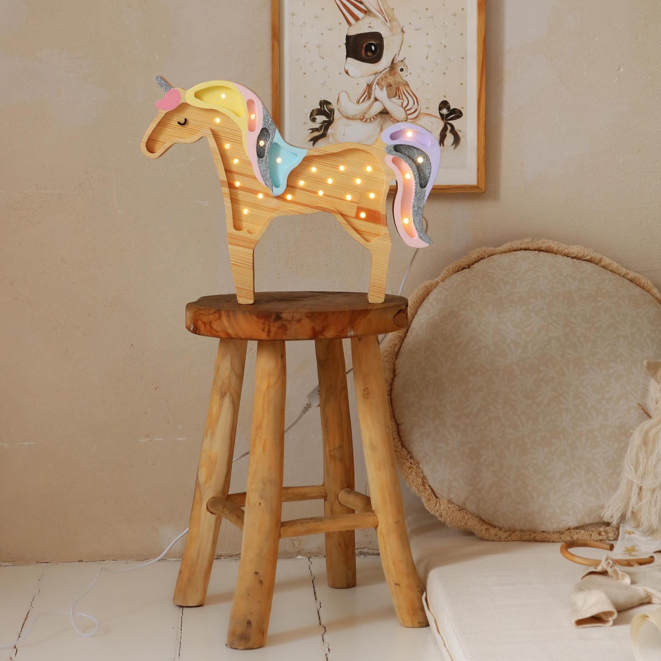 Wooden Unicorn Lamp for Nursery Decor Handmade Fairy Tale Theme Lighting for Kids Room Wall Lamp Horse Pastel Rainbow Night Light Girls Room
