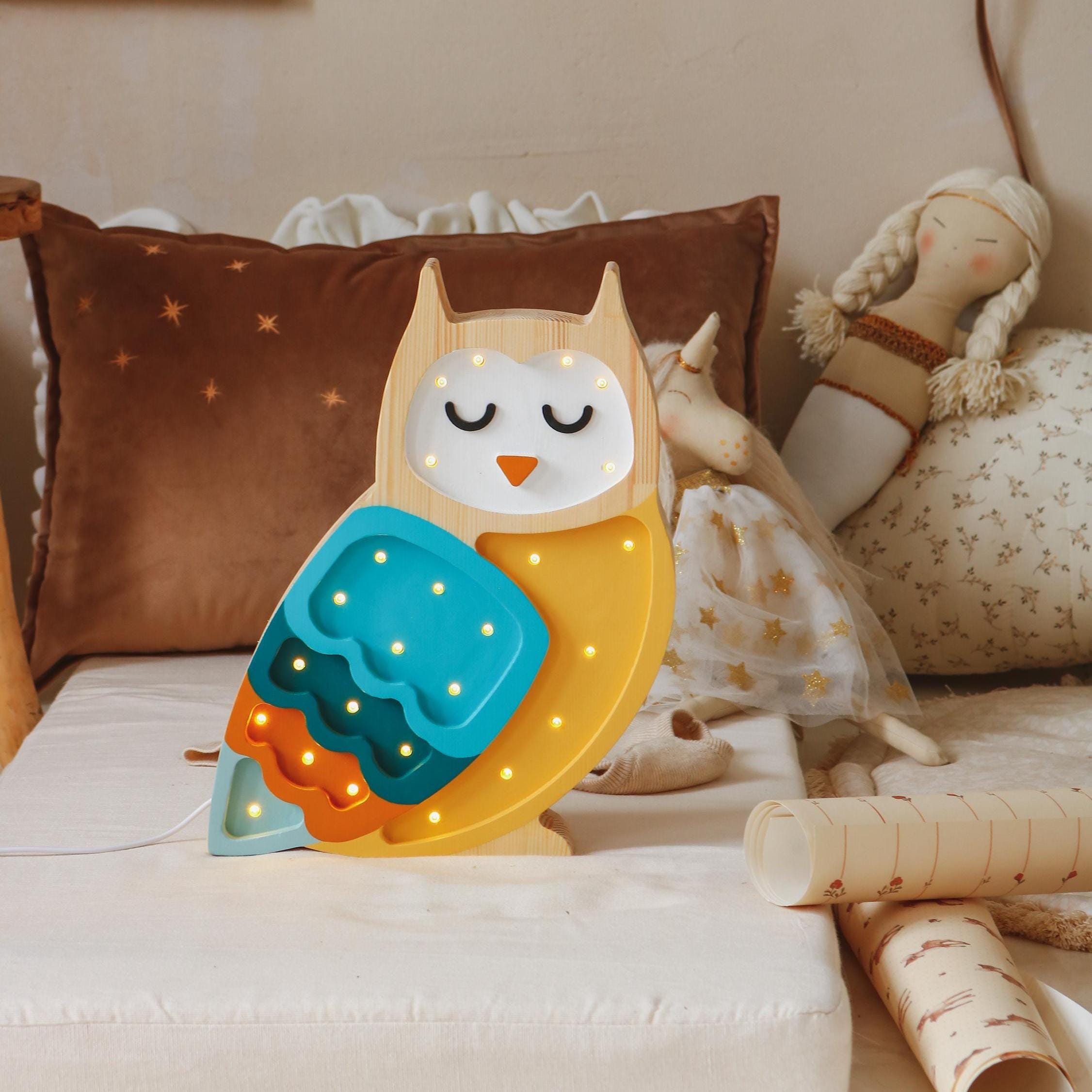 Wooden Owl Night Light Forest Lamp for Kids' Room Woodland Decor Nursery Mustard Lamp Bedside Table Light Baby Room Woodland Theme Room