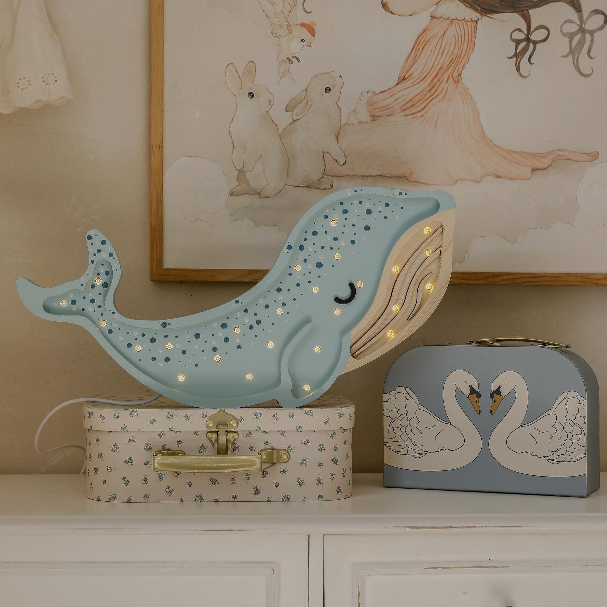 Wooden Whale Night Light Ocean Themed Nursery Lamp Coastal Baby Room Decor LED Bedside Lamp and Wall Light Sea Animal for Kids Nautical Gift