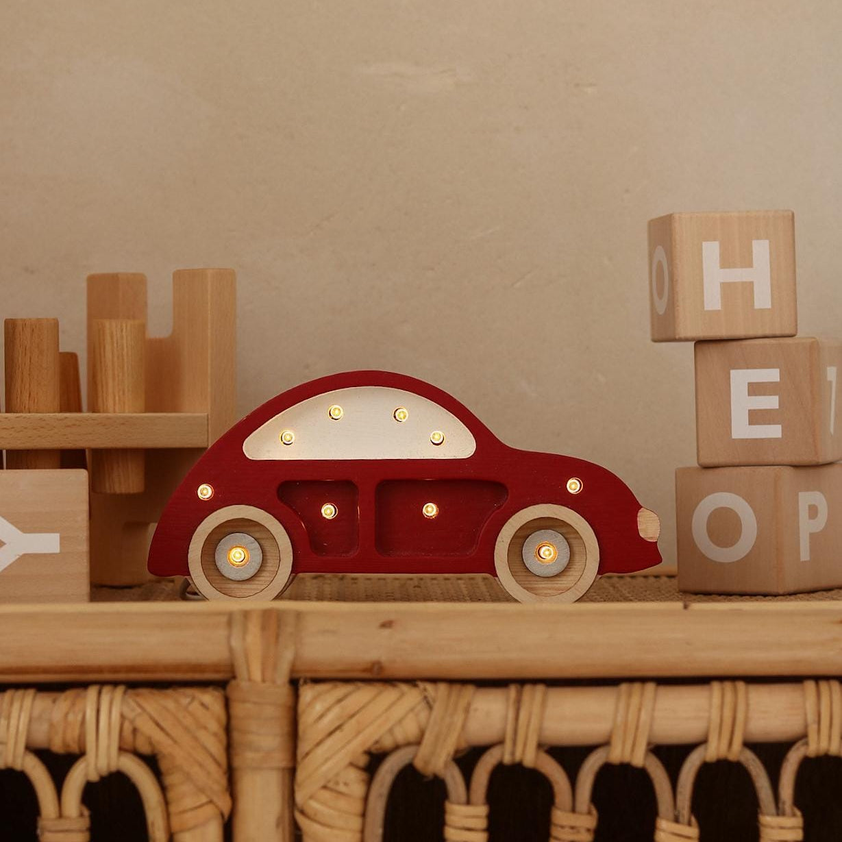 Wooden Car Night Light Retro for Boy’s Room Classic Red Car Lamp Nursery Decor Vehicle Themed Kids Room Baby Boy Wall Lamp Baby Shower Gift