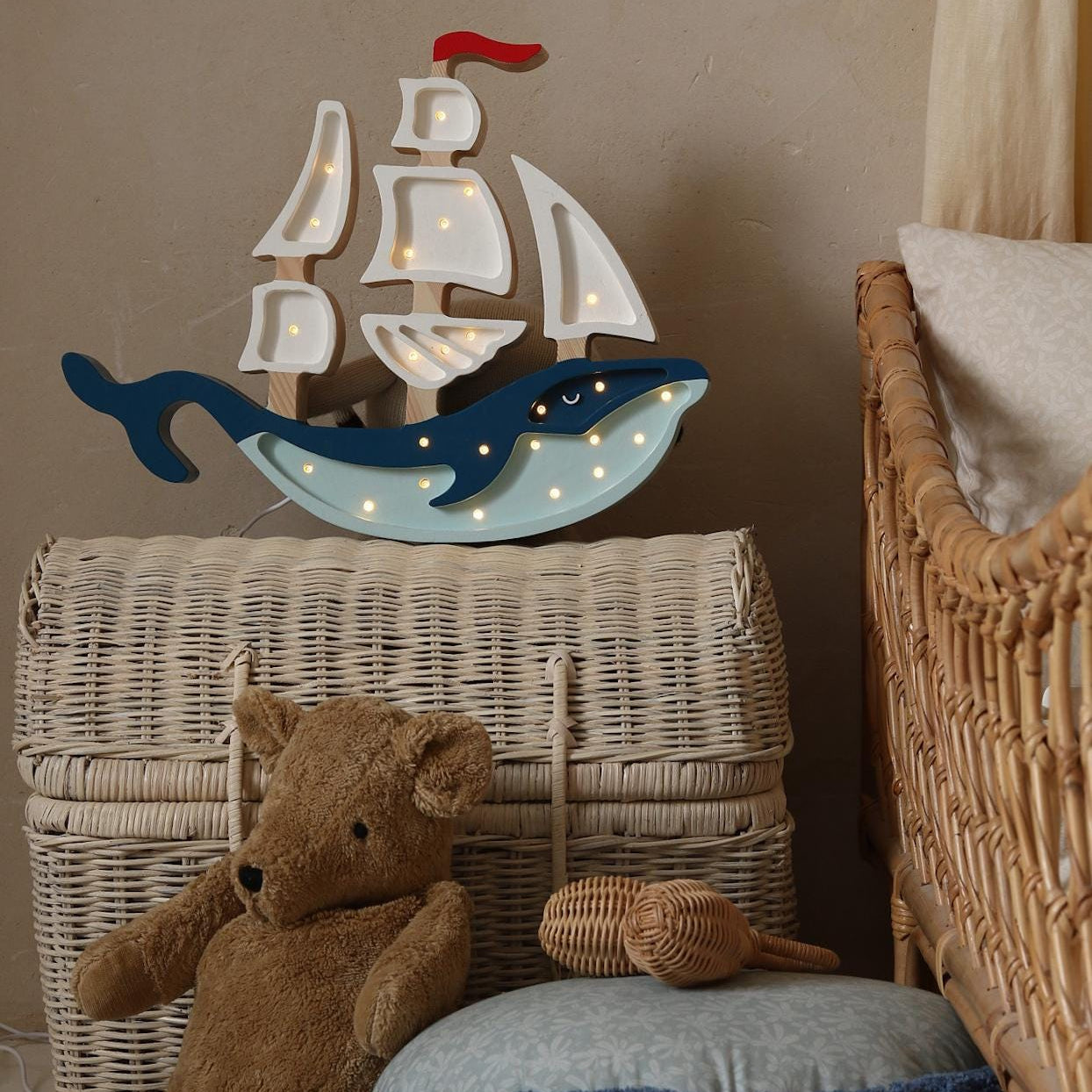 Wooden Ship Night Light – Ocean Themed Nursery Lamp – Coastal Baby Room Decor – LED Bedside Lamp and Wall Light – Sea Animal Decor for Kids