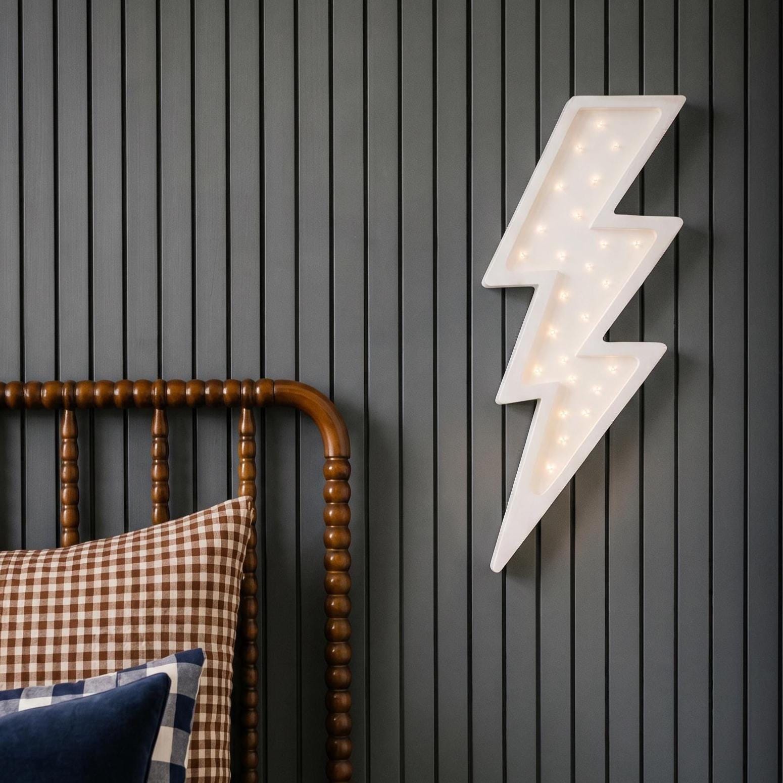 Wooden Lightning Bolt Night Light Teenage Room Decor Lamp for Toddler White Thunderbolt Theme Gift for Boys Superhero Pop Art Rock & Roll