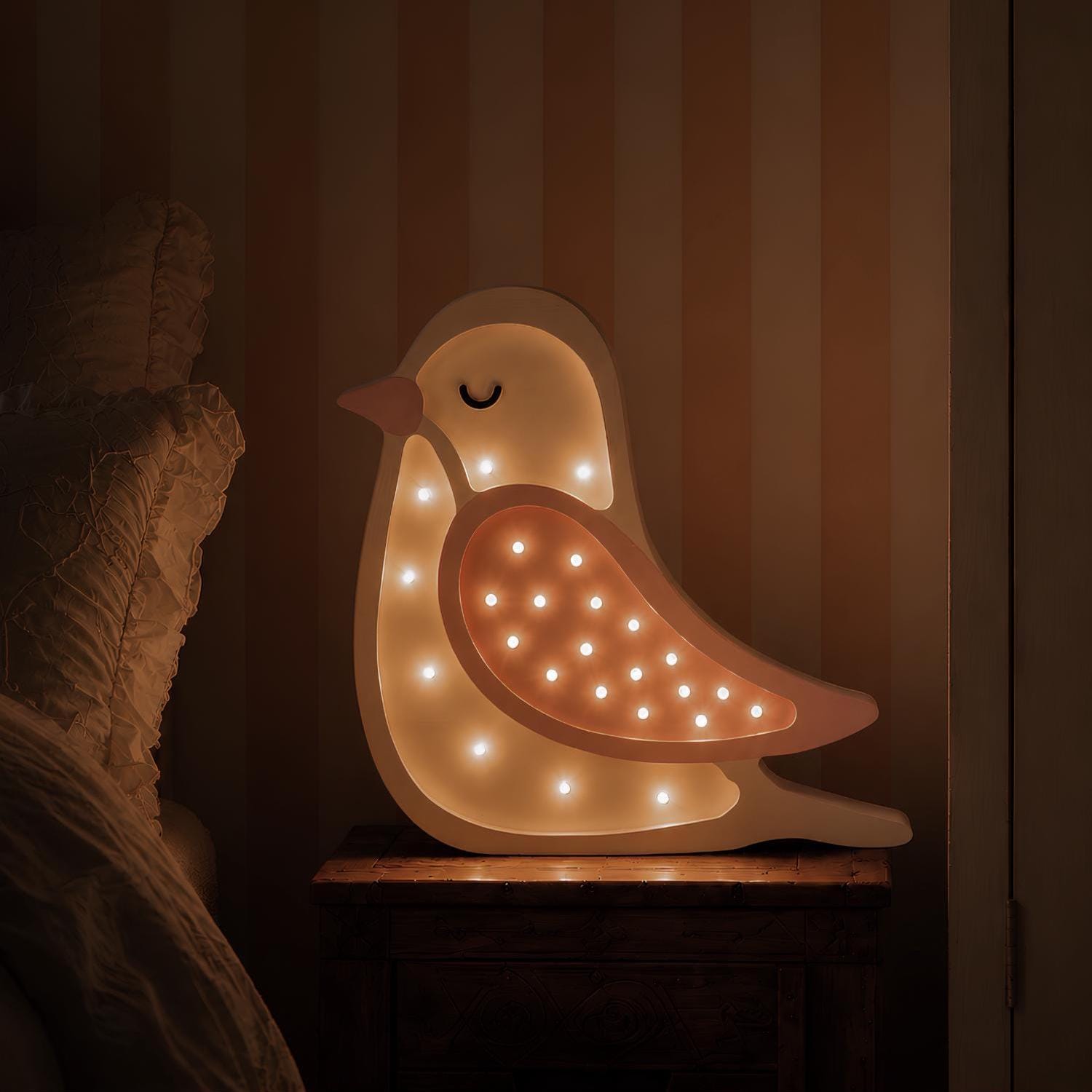 Wooden Bird Night Light Lamp for Girls' Room Bedside Table Lamp and Wall Decor Nursery Boho Woodland Bird Pink Creamy Baby Shower Gift