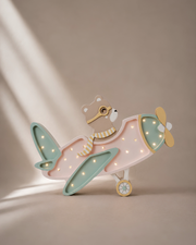 Holz Nachtlicht Retro Flugzeug Lampe Kinderzimmer Rosa Deko Handgemacht Reise & Abenteuer für Kinderzimmer Bär im Flugzeug Lampe Pilotenbär
