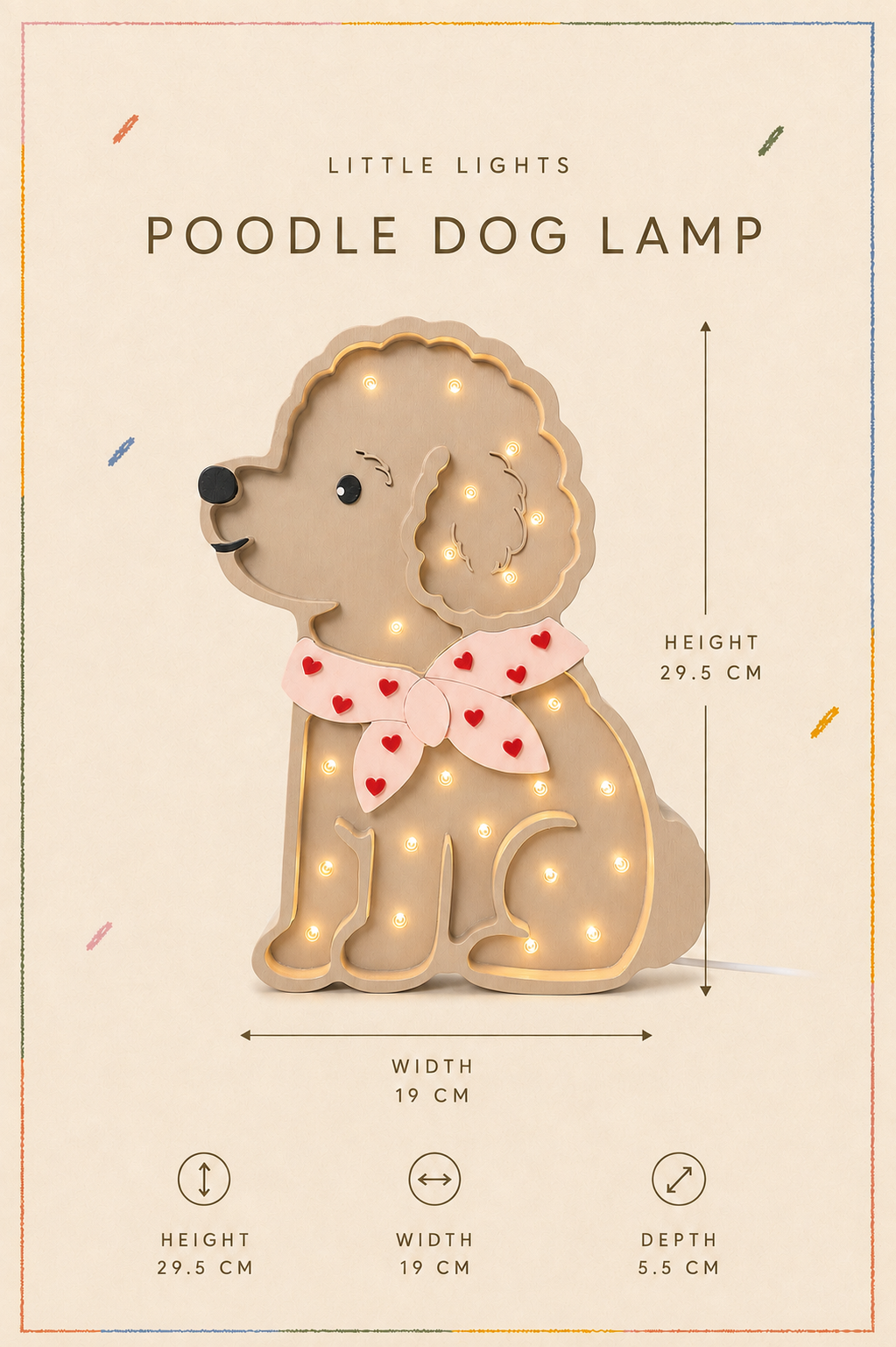 Little Lights Poodle Dog Lotta Night Light | Red Hearts on Pink