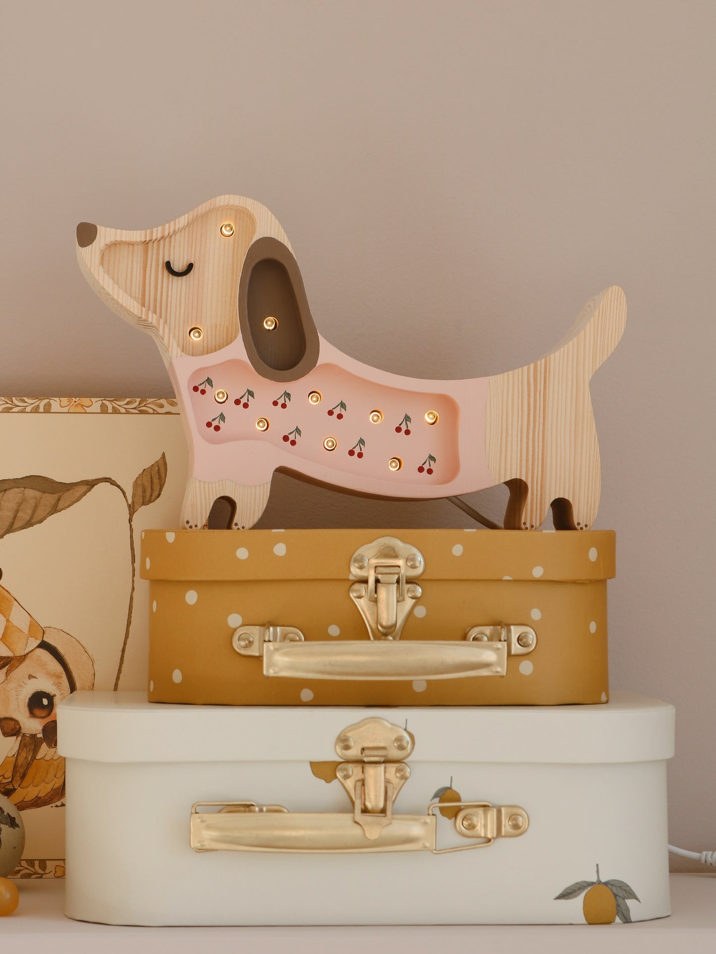 Little Lights Puppy Dachshund Mini Night Light | Cherries on Pink