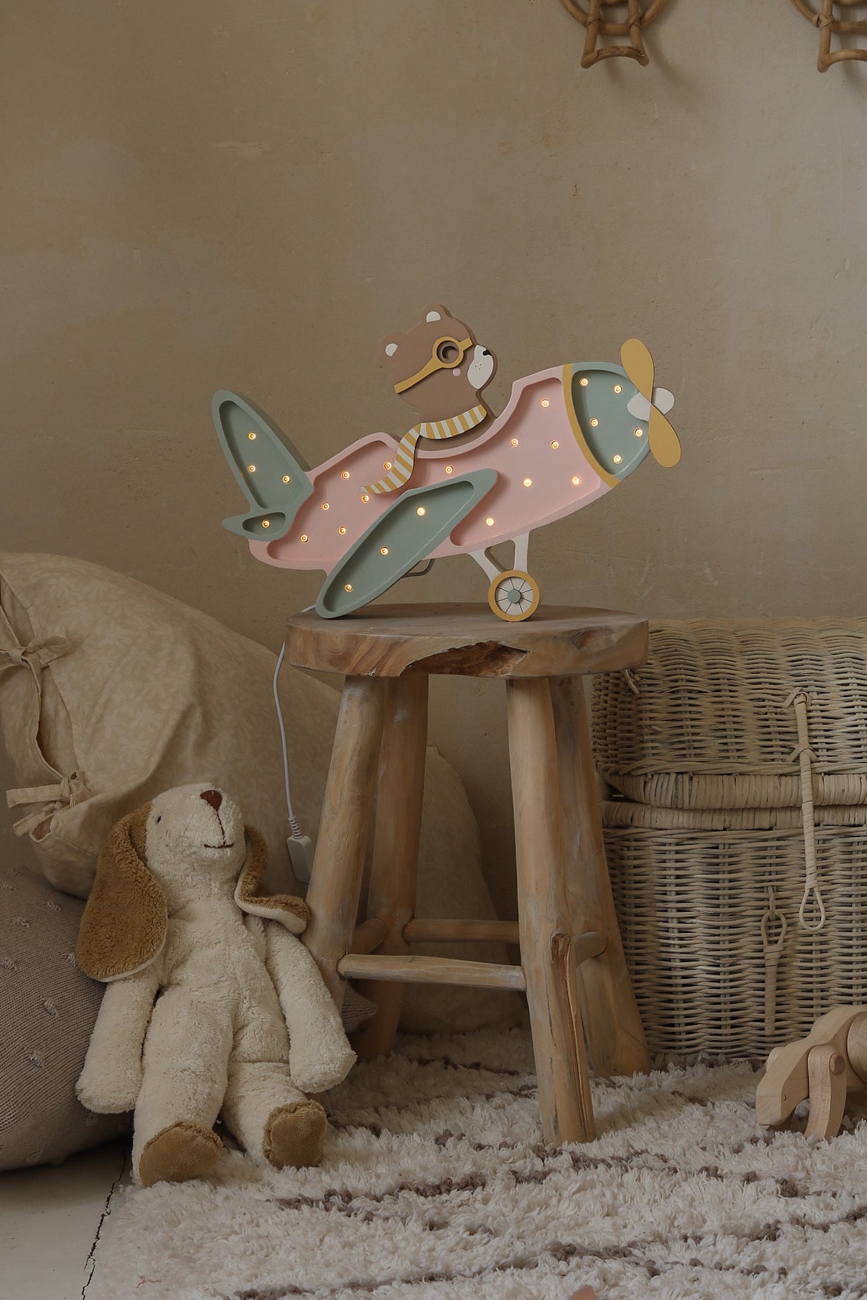 Holz Nachtlicht Retro Flugzeug Lampe Kinderzimmer Rosa Deko Handgemacht Reise & Abenteuer für Kinderzimmer Bär im Flugzeug Lampe Pilotenbär