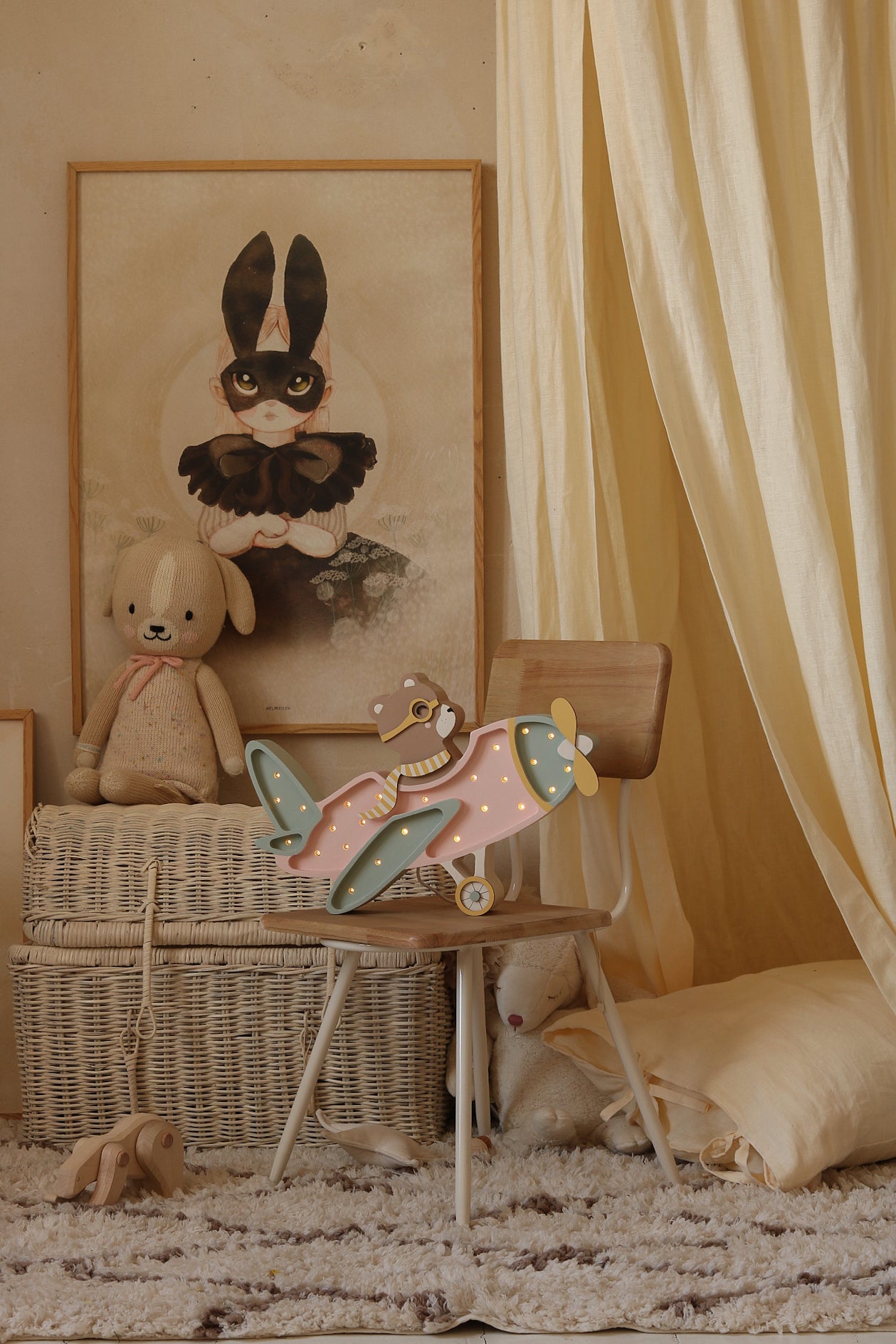 Holz Nachtlicht Retro Flugzeug Lampe Kinderzimmer Rosa Deko Handgemacht Reise & Abenteuer für Kinderzimmer Bär im Flugzeug Lampe Pilotenbär