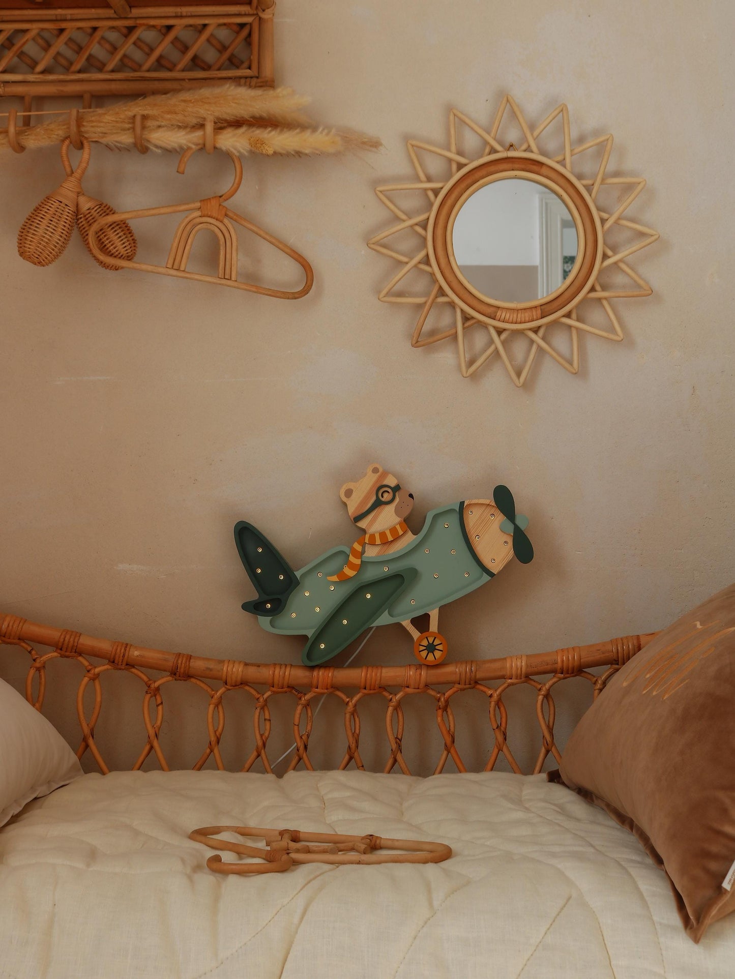 Wooden Night Light Retro Aircraft Lamp Nursery Green Decor Handmade Travel & Adventure for Kids Room Bear in Airplane Lamp Pilot Bear