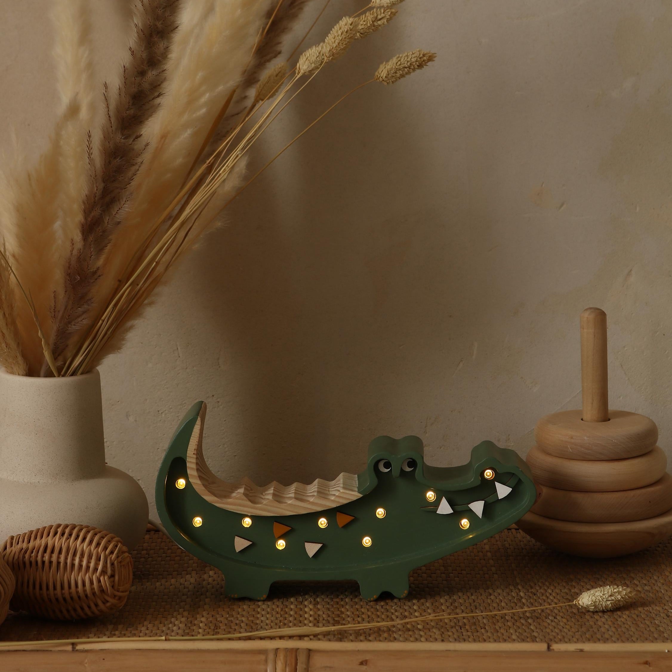 Wooden Crocodile Night Light for Kids Safari Lamp Boho Nursery Decor for Boys Baby Shower Green Gift Jungle Theme Alligator Boys Room Green