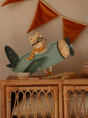 Wooden Night Light Retro Aircraft Lamp Nursery Green Decor Handmade Travel & Adventure for Kids Room Bear in Airplane Lamp Pilot Bear