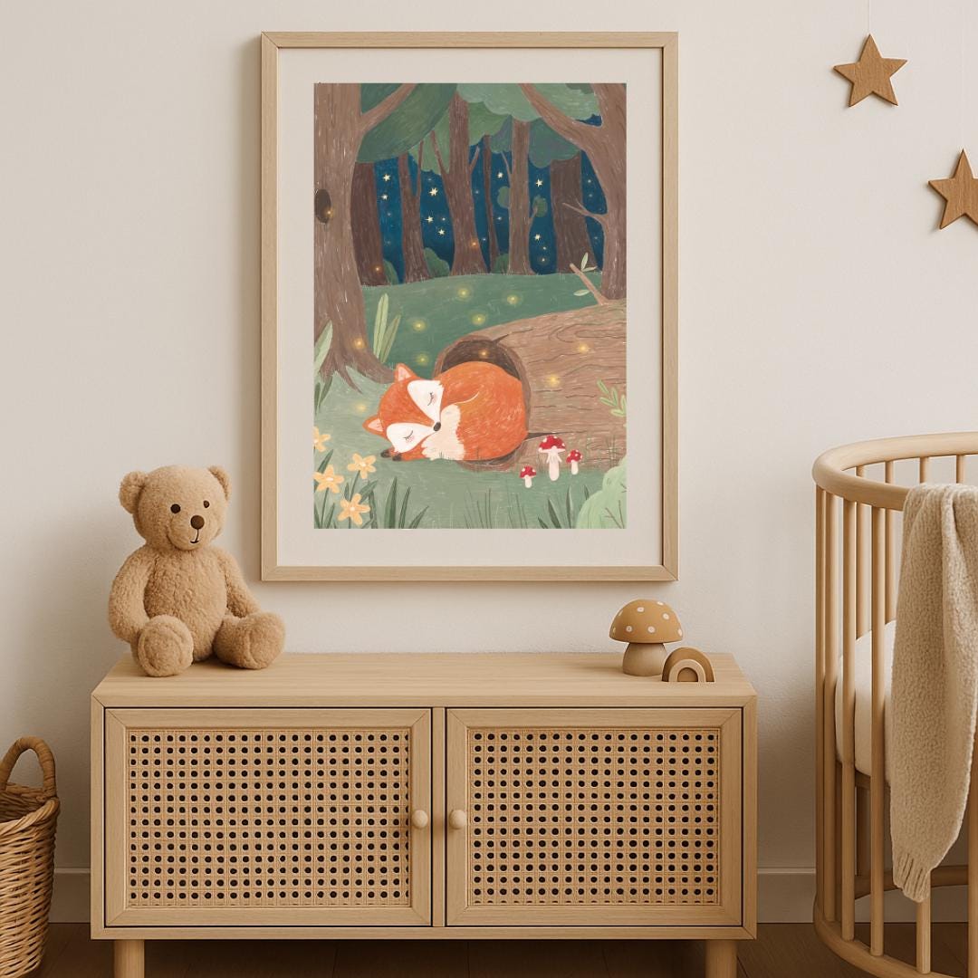 Wald Fuchs Kunstdruck Gemütliche Waldkinderzimmer Dekoration Schlafender Fuchs Illustration Babyzimmer Wandkunst für Kinderzimmer Druckbare Kunst Digitaler Download