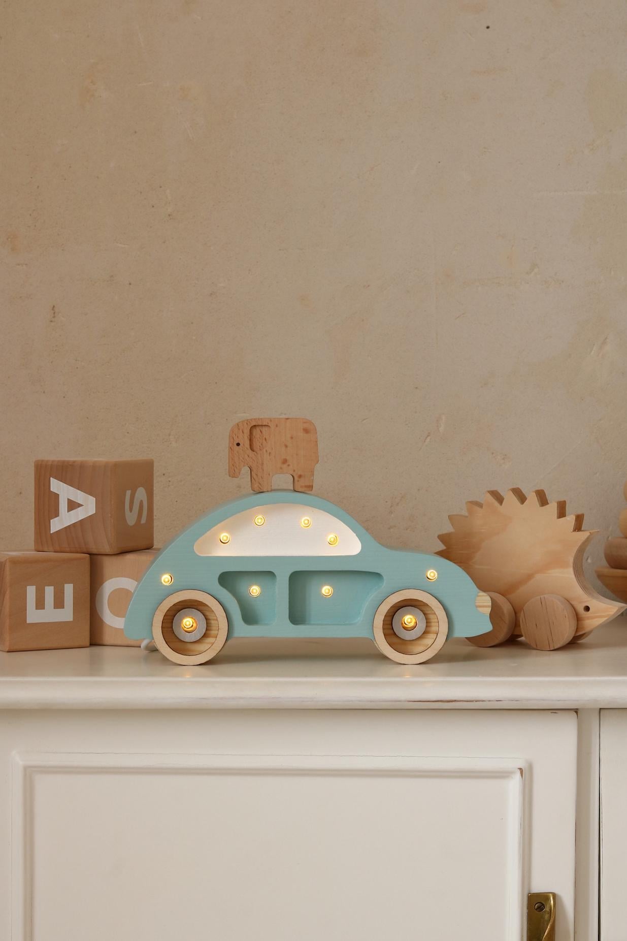 Hölzernes Auto Nachtlicht Retro für Jungenzimmer Klassische blaue Auto Lampe Kinderzimmer Deko Fahrzeug-Themen-Kinderzimmer Baby Junge Wandlampe Babyparty Geschenk