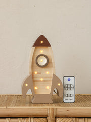 Space Rocket Night Light for Little Astronaut Kids Room Space Theme Natural Wooden Lamp for Little Explorer Space Adventure Decor Cosmic Boy
