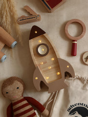 Space Rocket Night Light for Little Astronaut Kids Room Space Theme Natural Wooden Lamp for Little Explorer Space Adventure Decor Cosmic Boy