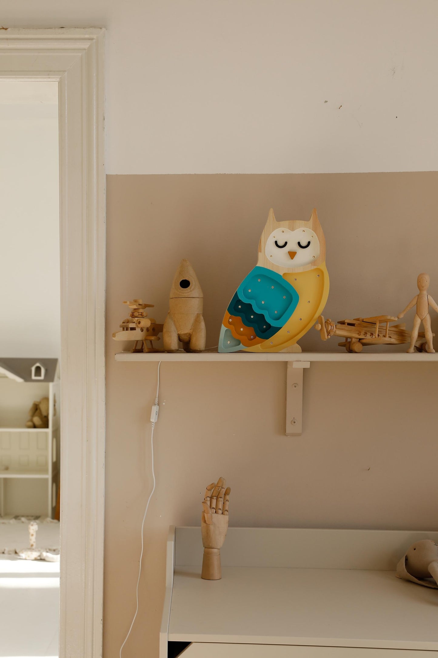 Hölzerne Eulennachtlicht Waldlampe für Kinderzimmer Walddekor Kinderzimmer Senf-Lampe Nachttischlampe Babyzimmer Waldthema Zimmer
