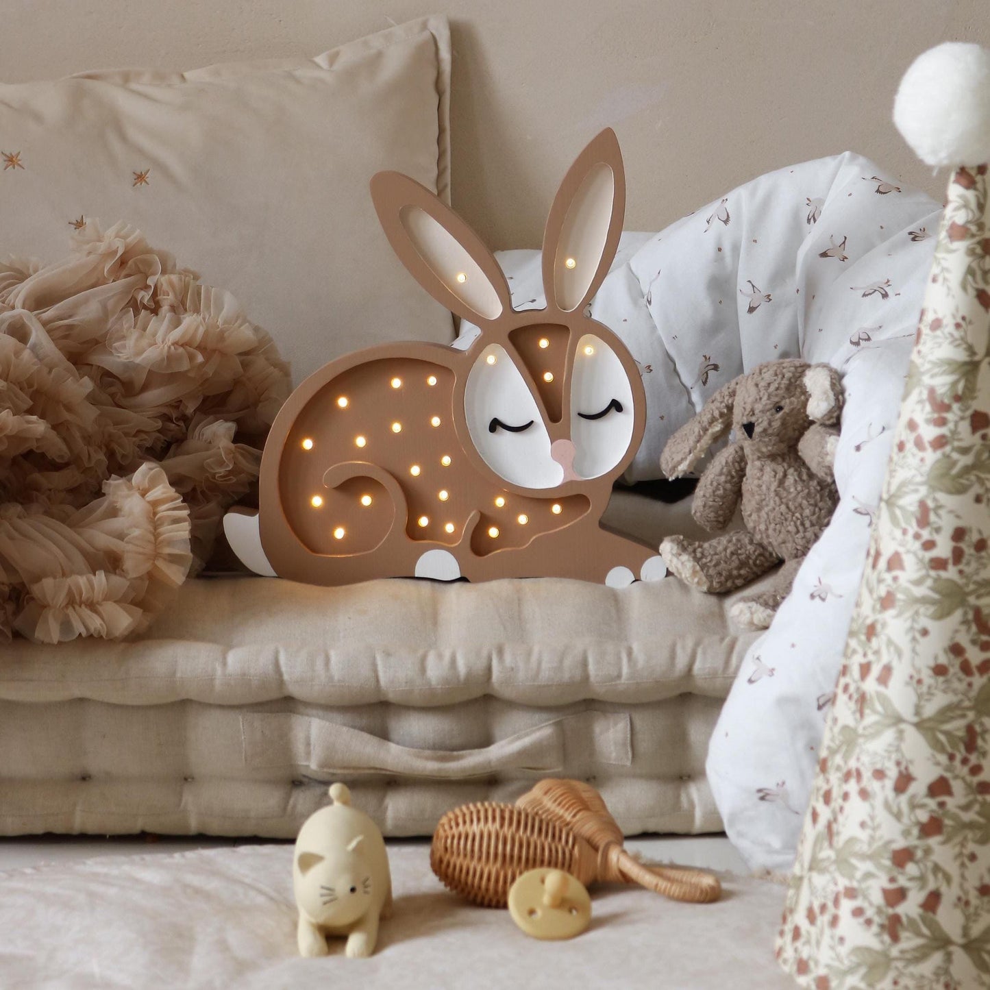 Wooden Bunny Night Light Forest Theme Kids Room Woodland Decor Lamp for Baby Nursery Boho Beige Rabbit Girls Forest Pastel Brown Decoration