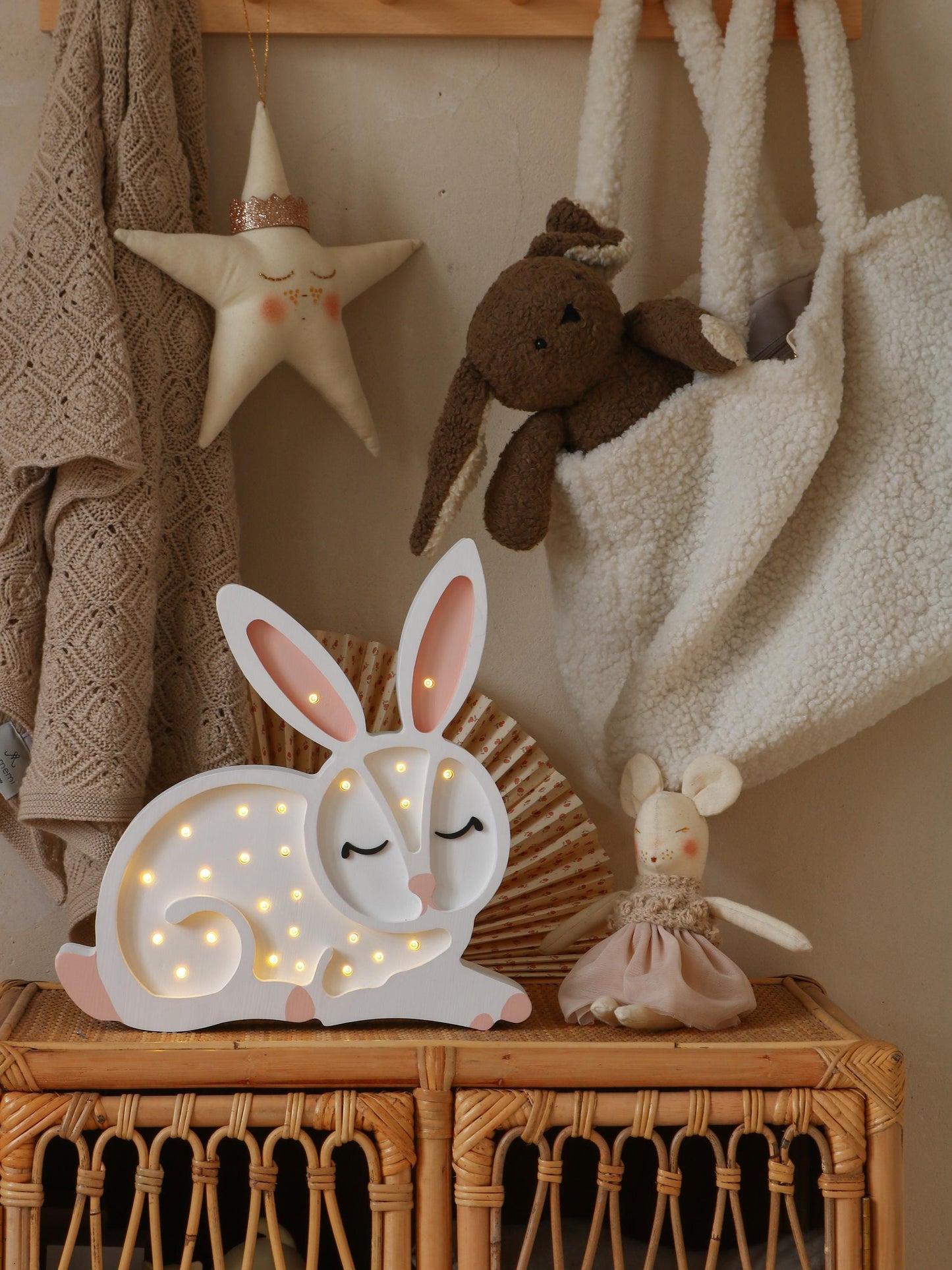 Wooden Bunny Night Light Forest Theme Kids Room Woodland Decor Lamp for Baby Nursery Boho White Rabbit Girls Forest Pastel Decoration