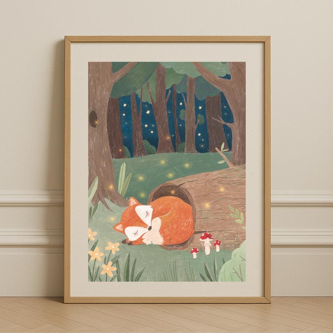 Wald Fuchs Kunstdruck Gemütliche Waldkinderzimmer Dekoration Schlafender Fuchs Illustration Babyzimmer Wandkunst für Kinderzimmer Druckbare Kunst Digitaler Download