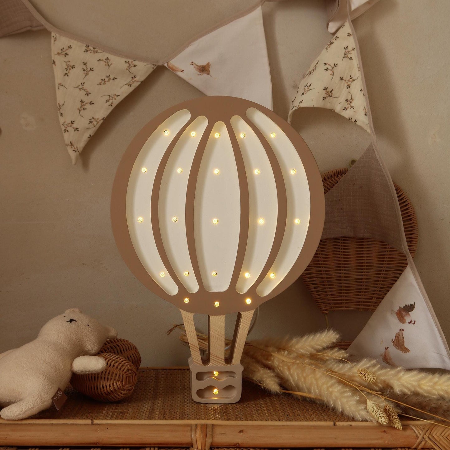 Wooden Hot Air Balloon Lamp Night Light Nursery Wall Decor Montessori Room Gift for Adventurous Boy Little Traveler Retro Brown Beige Boys