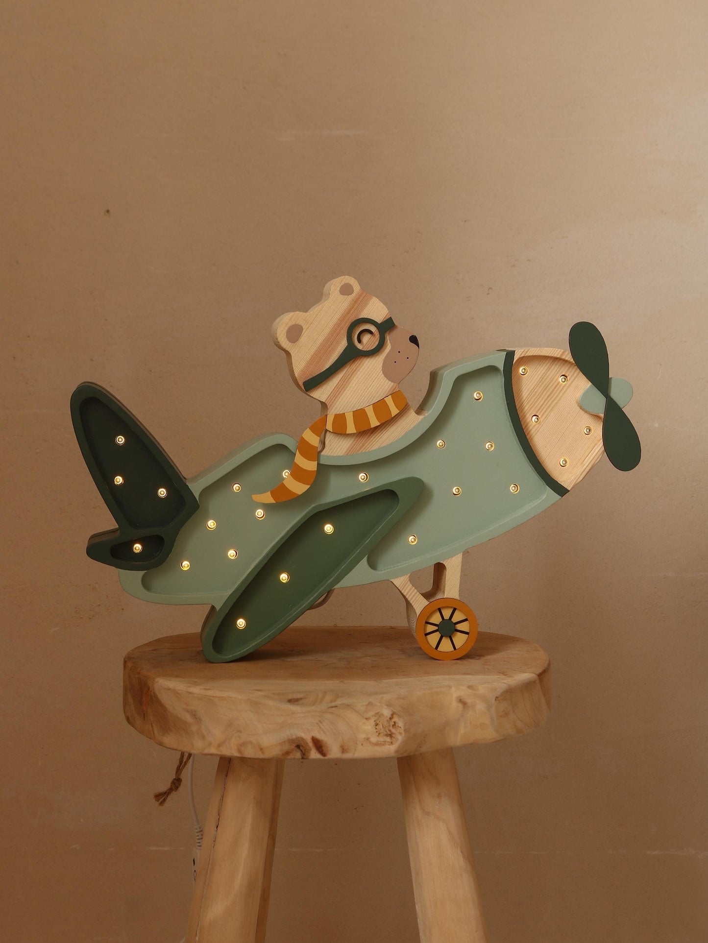 Wooden Night Light Retro Aircraft Lamp Nursery Green Decor Handmade Travel & Adventure for Kids Room Bear in Airplane Lamp Pilot Bear