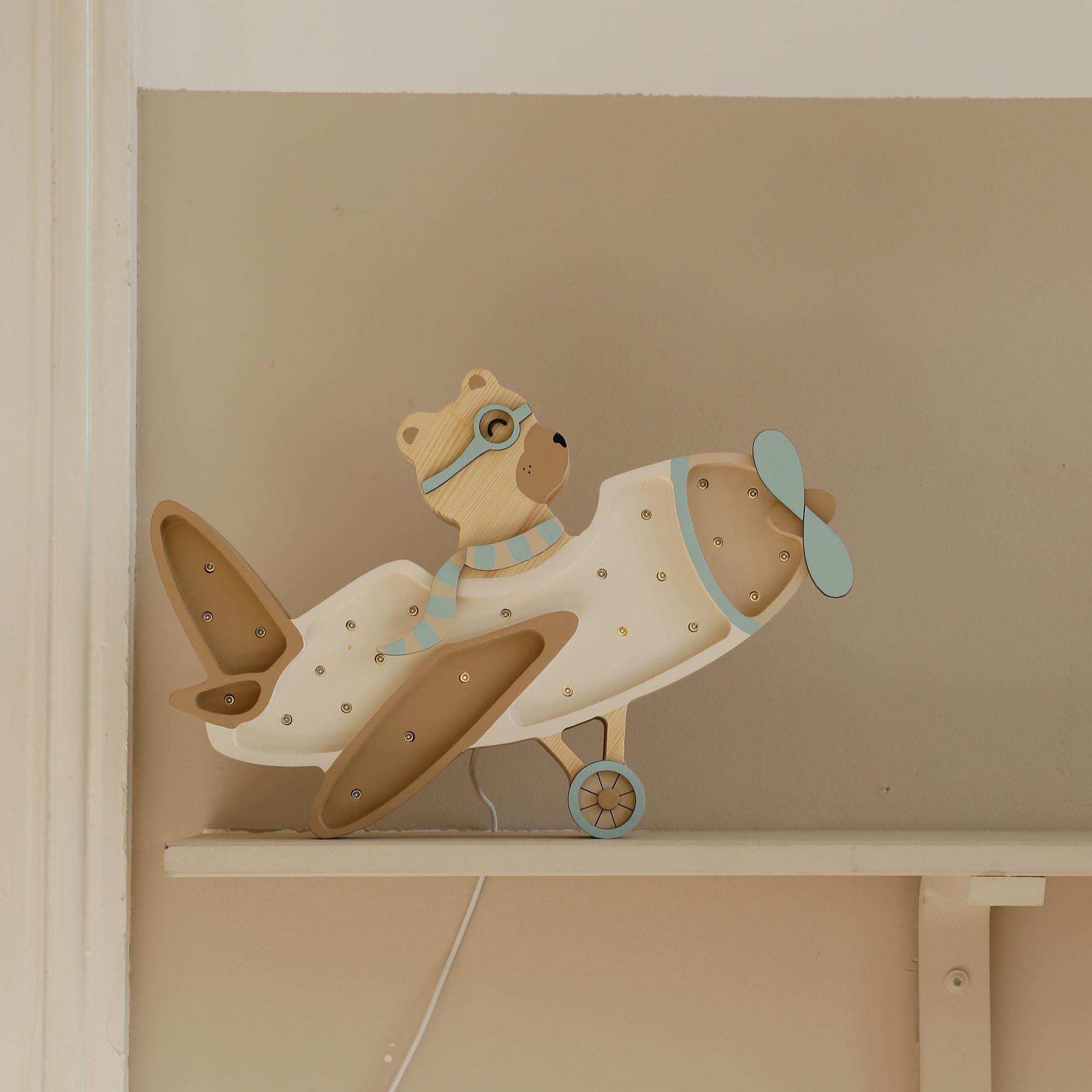 Holz-Nachtlicht Retro Flugzeuglampe Kinderzimmer Beige Deko Handgemacht Reisen & Abenteuer für Kinderzimmer Bär im Flugzeug Lampe Pilot Bär
