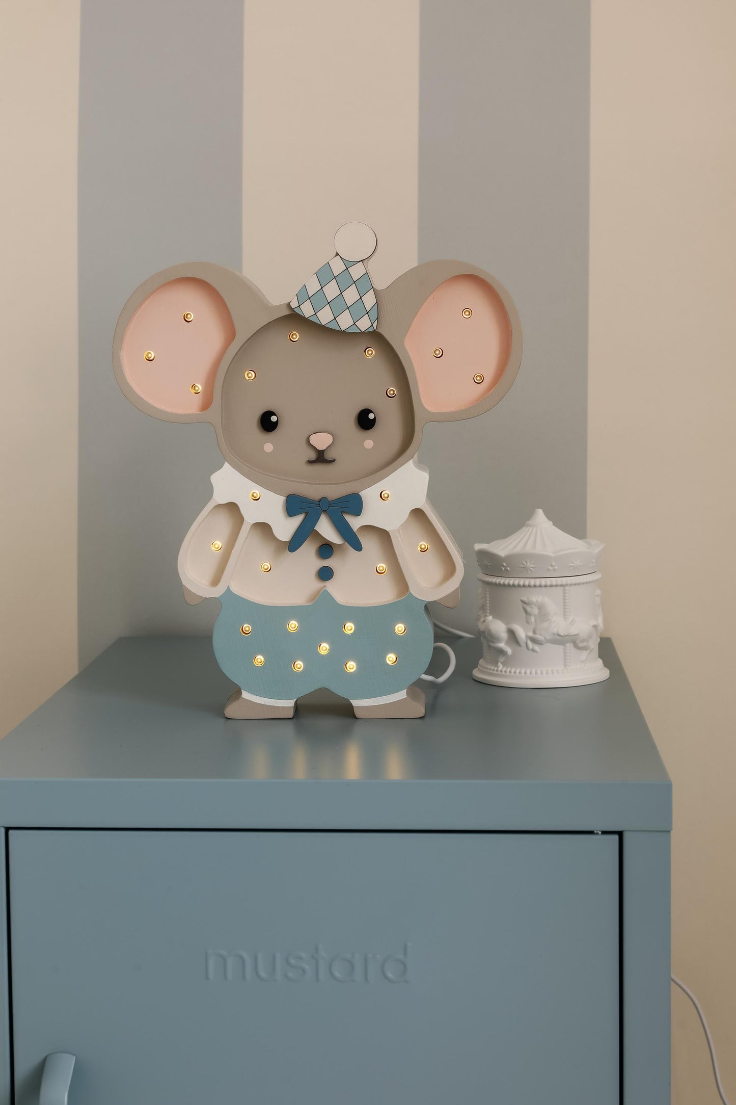 Holz Nachtlicht Maus für Kinder Handgefertigte Kinderzimmerlampe Babyparty Geschenk Maileg Stil Maus Zirkus Thema Jungen Blau Zimmer Deko Tier Wand
