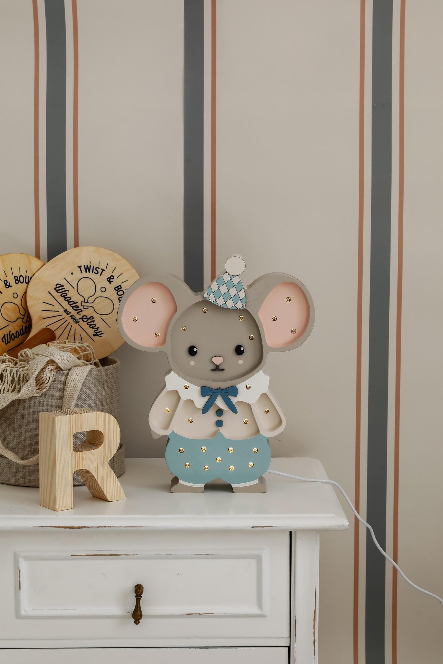 Holz Nachtlicht Maus für Kinder Handgefertigte Kinderzimmerlampe Babyparty Geschenk Maileg Stil Maus Zirkus Thema Jungen Blau Zimmer Deko Tier Wand