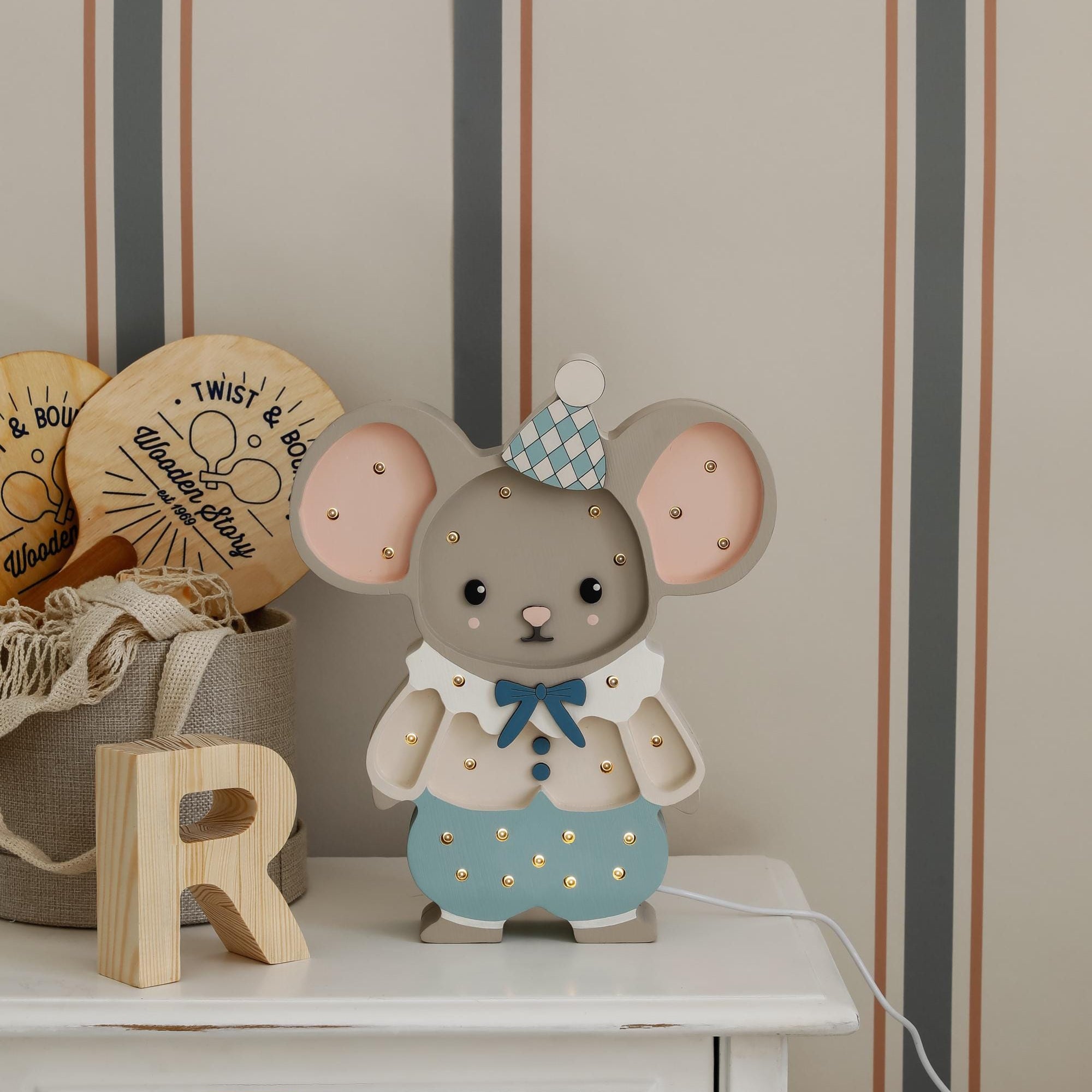 Wooden Night Light Mouse for Kids Handmade Nursery Lamp Baby Shower Gift Maileg Style Mouse Circus Theme Boys Blue Room Decor Animal Wall