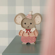 Nachtlicht Maus aus Holz für Kinder, handgefertigte Babyzimmerlampe, Babypartygeschenk, Maus im Maileg-Stil, Zirkus-Motiv, Mädchenzimmer, Rosa, Tierwanddeko