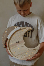 Adorable Moon Lamp for Nursery Decor Wooden Night Light Sky Decor for Nursery Kids Room Baby Girl or Boy Christening Gift Boho Style