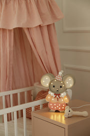 Nachtlicht Maus aus Holz für Kinder, handgefertigte Babyzimmerlampe, Babypartygeschenk, Maus im Maileg-Stil, Zirkus-Motiv, Mädchenzimmer, Rosa, Tierwanddeko