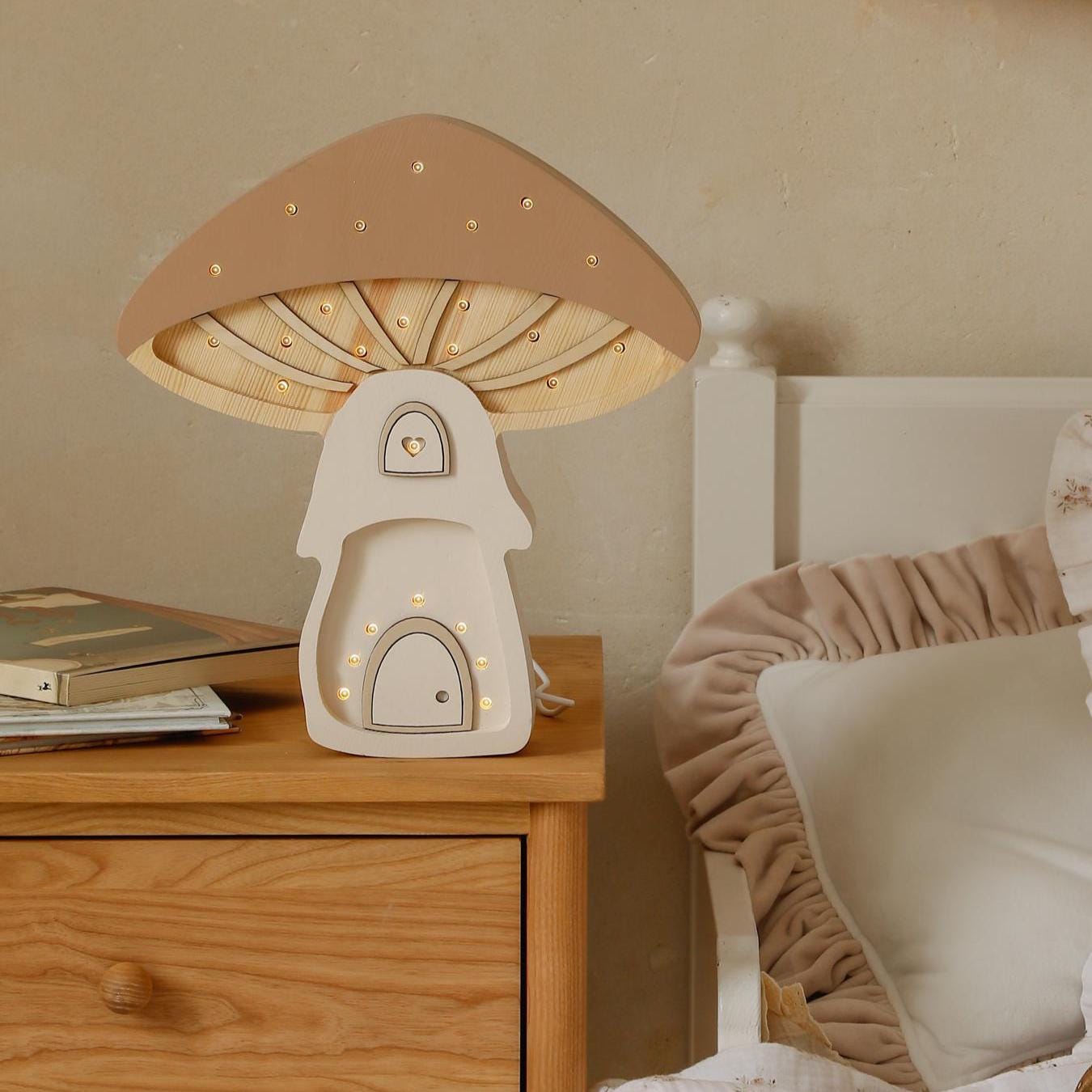 Pilz Nachtlicht Holz LED Wald Kindergarten Herbst Deko Märchen Kinderzimmer Pilzhaus Weihnachtsgeschenk Waldtiere Wald