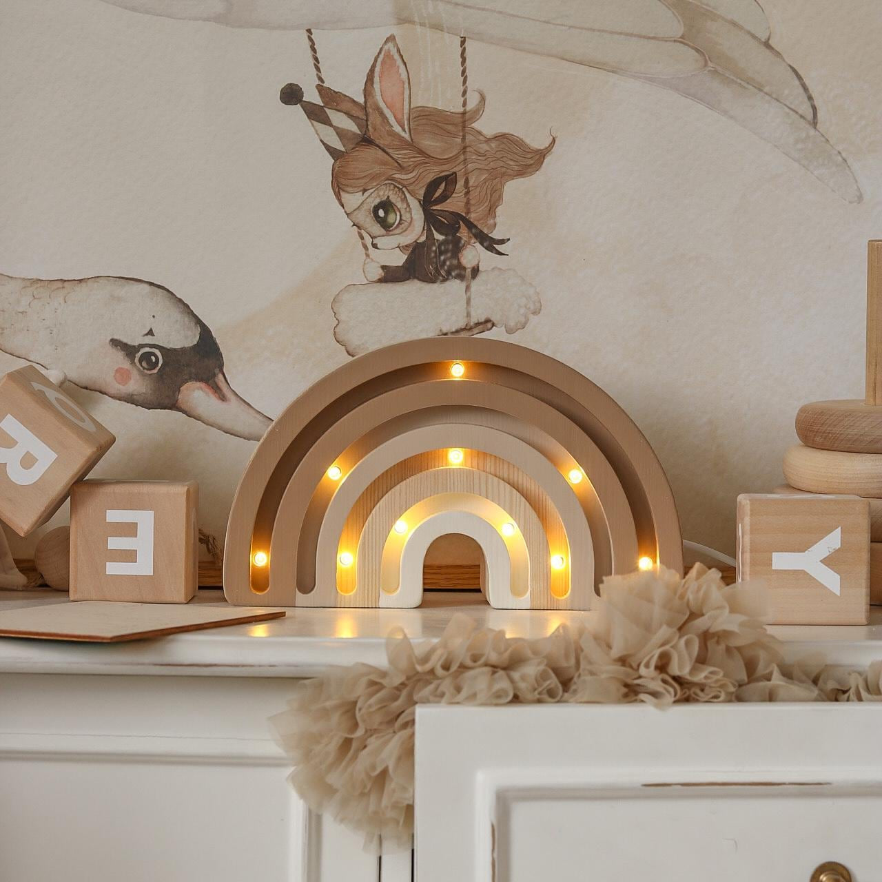 Wooden Rainbow Night Light Toddler Bedroom Lamp Montessori Baby Room Decor Pastel Cappuccino Rainbow Baby Lamp Nursery Room Decor Brown Room