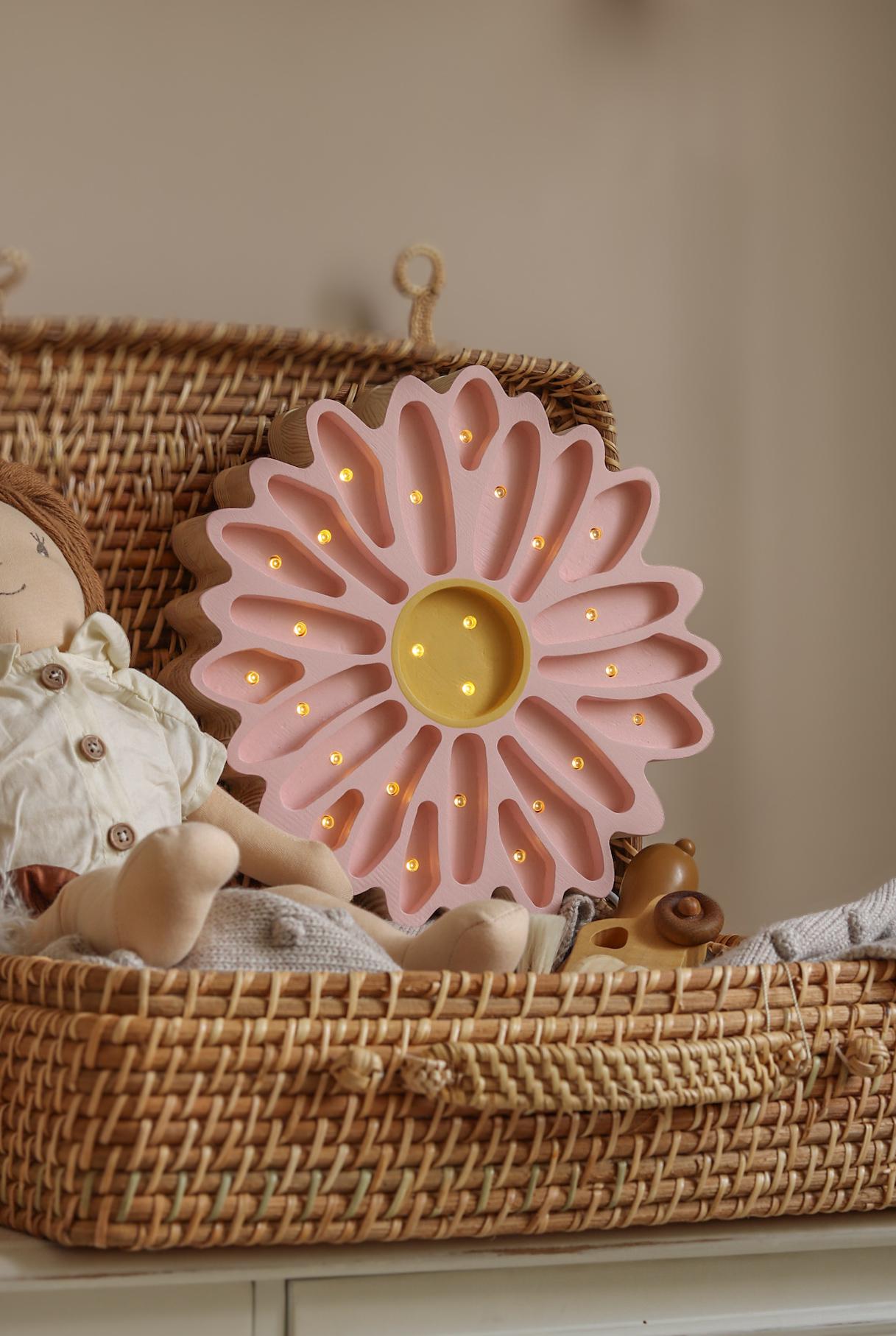 Blumen-Holzlampe Gänseblümchen Weiß Nachtlicht LED Kinderzimmer Boho Deko Handgemachte Lampe für Mädchen Kinderzimmer Boho Kinderzimmer Geschenk zur Mädchen Taufe