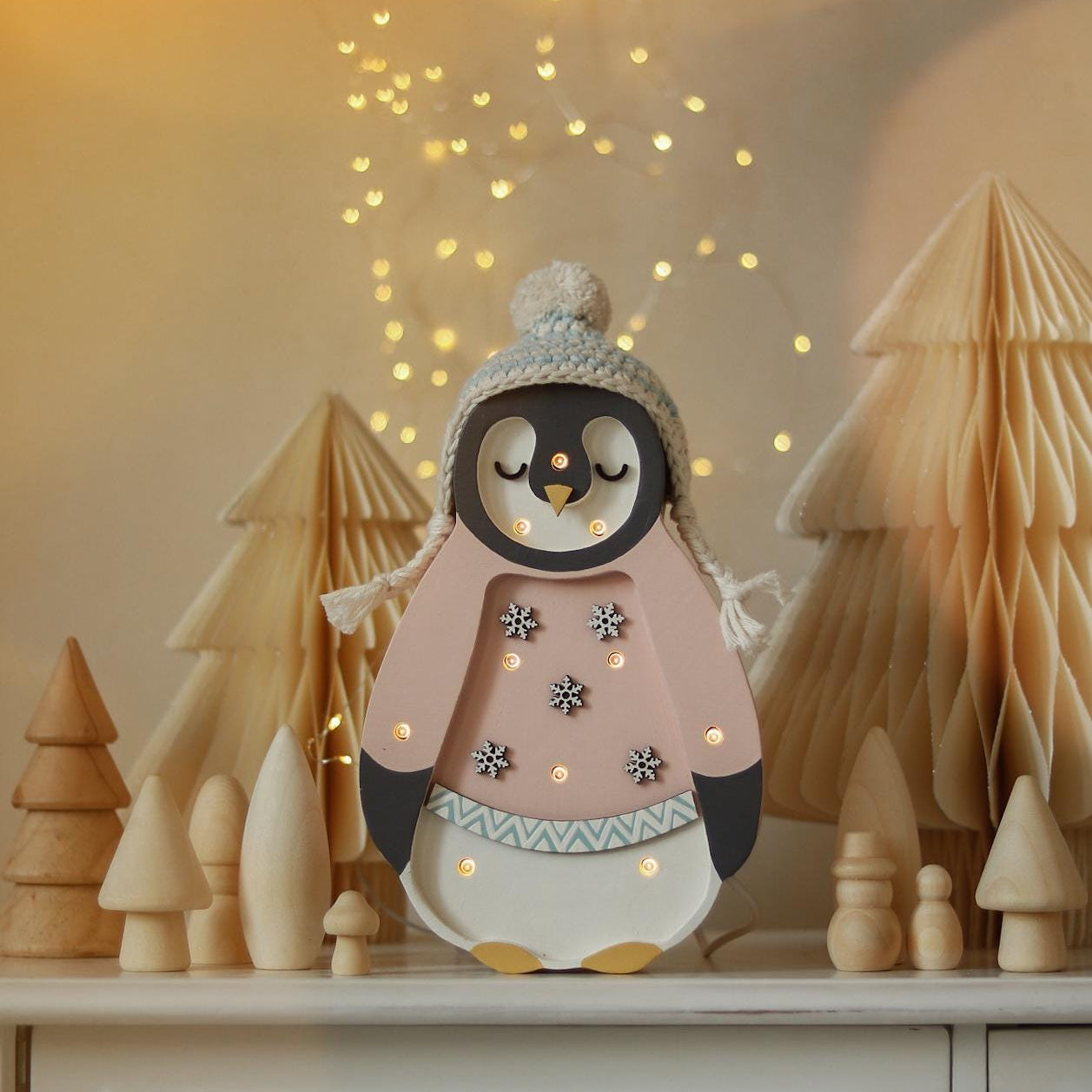 Weihnachts-Pinguin Nachtlicht Holz-Nachttischlampe für Kinder Feiertags-Kinderzimmerdeko Arktis-Thema für Kinderzimmer Winterwunderland