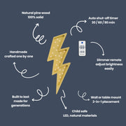 Wooden Lightning Bolt Night Light Teenage Room Decor Lamp for Toddler Yellow Thunderbolt Theme Gift for Boys Superhero Pop Art Rock & Roll