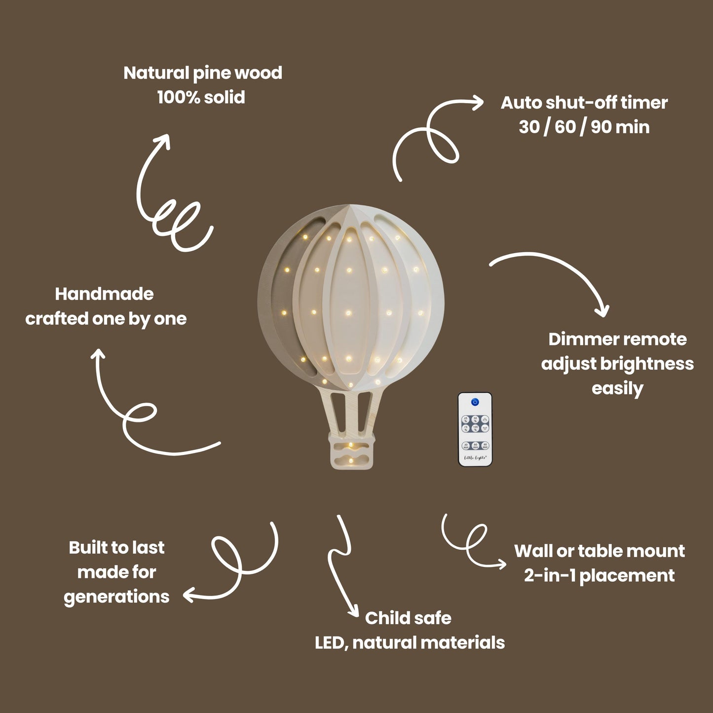 Hölzerne Heißluftballon Lampe Nachtlicht Kinderzimmer Wanddekoration Montessori Raum Geschenk für abenteuerlustigen Jungen Reisender Cappuccino Regenbogen Braun Jungen