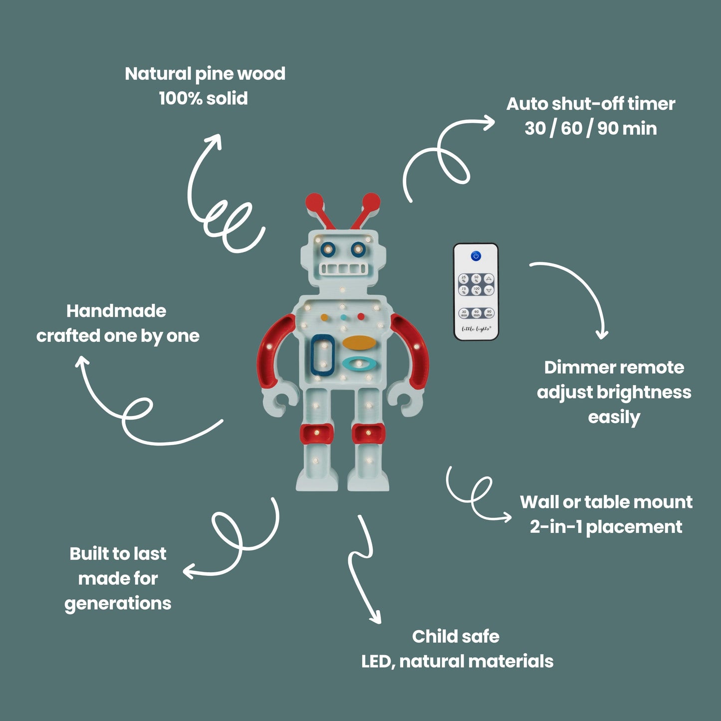 Little Lights Roboter-Holzlampe – Handgemachtes LED-Nachtlicht für Kinder – Retro-Kinderzimmerdeko – Geschenk für Jungen und Mädchen – Sci-Fi-Zimmer-Akzent
