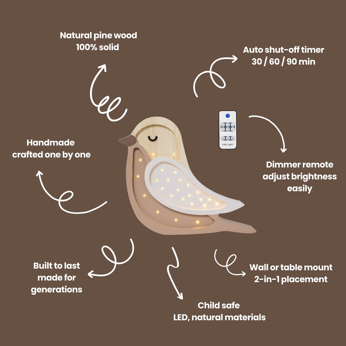 Hölzerne Vogelnachtlichtlampe für Mädchenzimmer Nachttischlampe und Wanddekoration Kinderzimmerlicht Boho Vogel Cappuccino Babypartygeschenk