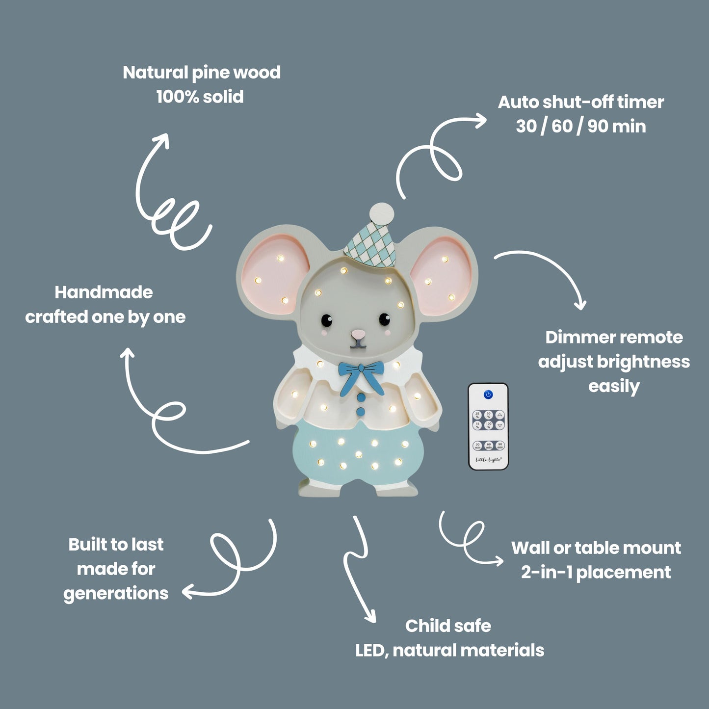 Holz Nachtlicht Maus für Kinder Handgefertigte Kinderzimmerlampe Babyparty Geschenk Maileg Stil Maus Zirkus Thema Jungen Blau Zimmer Deko Tier Wand