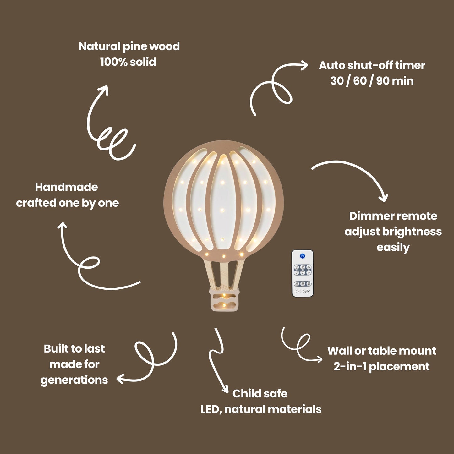 Wooden Hot Air Balloon Lamp Night Light Nursery Wall Decor Montessori Room Gift for Adventurous Boy Little Traveler Retro Brown Beige Boys