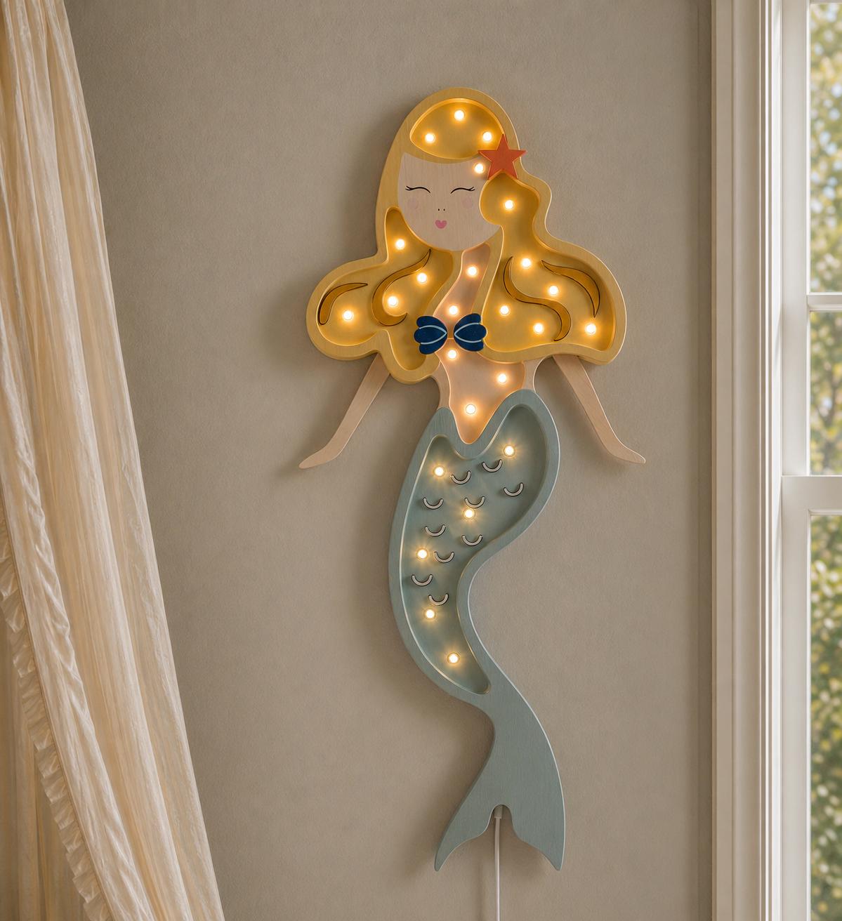 Wooden Night Light Mermaid Dimmable Lamp for Girls Magical Ocean-Inspired Nursery Decor Blonde Gift Ocean Beach Coastal Room Wall Decoration