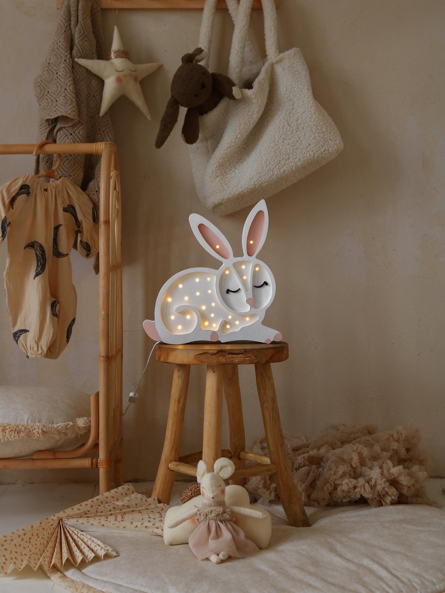 Wooden Bunny Night Light Forest Theme Kids Room Woodland Decor Lamp for Baby Nursery Boho White Rabbit Girls Forest Pastel Decoration