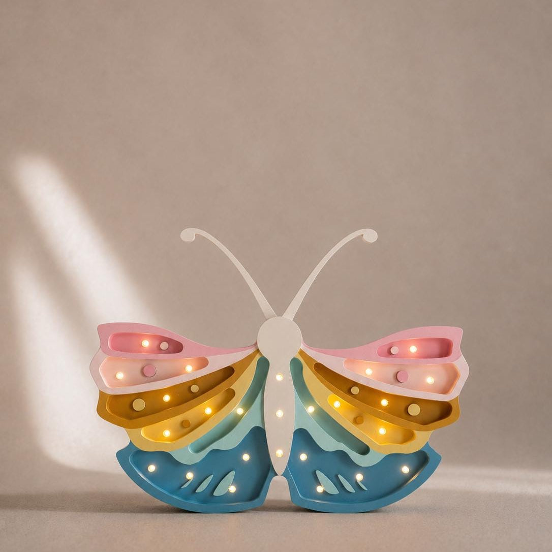 Wooden Butterfly Night Light for Girls Room Handcrafted Nursery Decor Boho Style Retro Rainbow Pastel Bedroom Kids Princess Whimsical Magic
