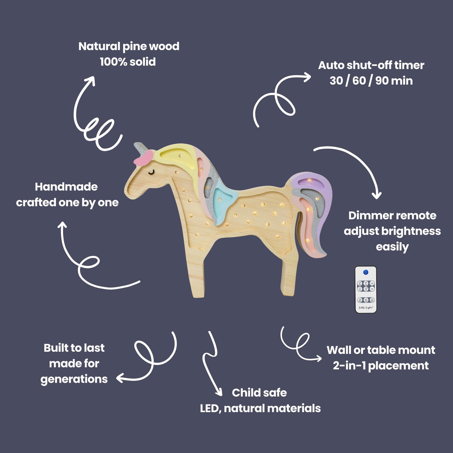 Holz Einhornlampe für Kinderzimmerdeko Handgefertigte Märchen-Beleuchtung für Kinderzimmer Wandlampe Pferd Pastell Regenbogen Nachtlicht Mädchenzimmer